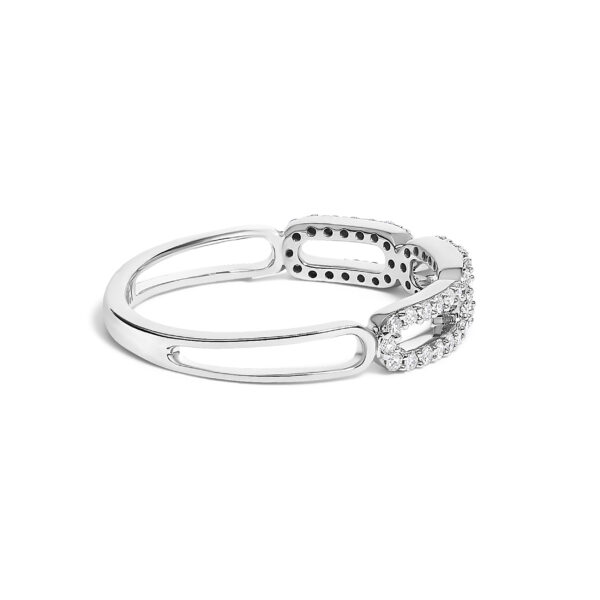 Paper clip ring in rhodium plated over gold with 48 natural, untreated round diamonds in prong settings.