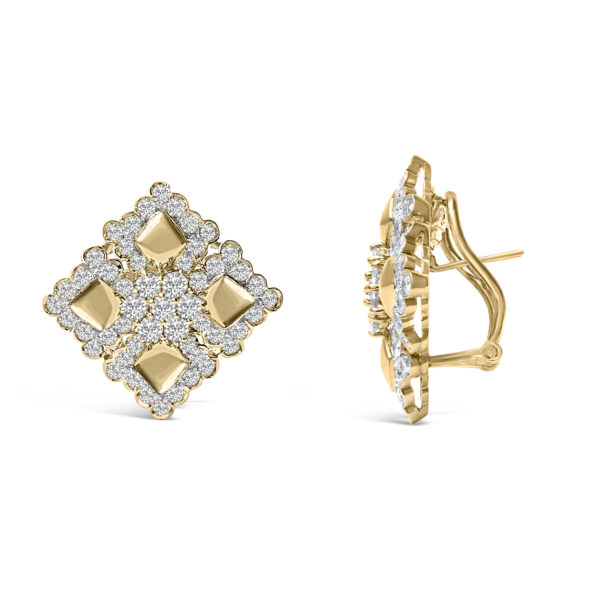 Side angle of an 18K yellow gold diamond cluster stud earring showing the omega back