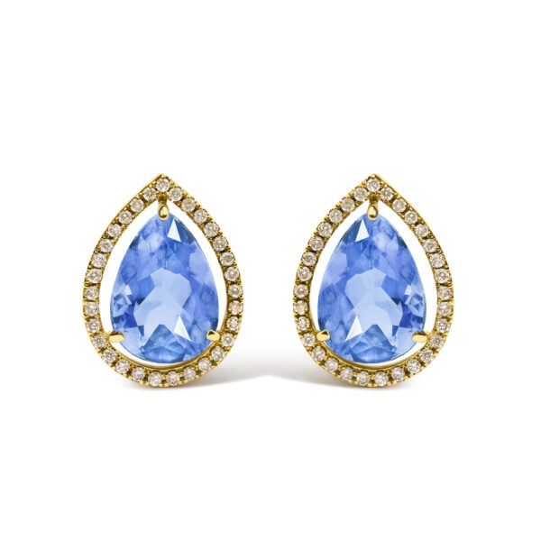 Pair of yellow gold stud earrings with pear-shaped blue fluorite stones ringed by round diamonds