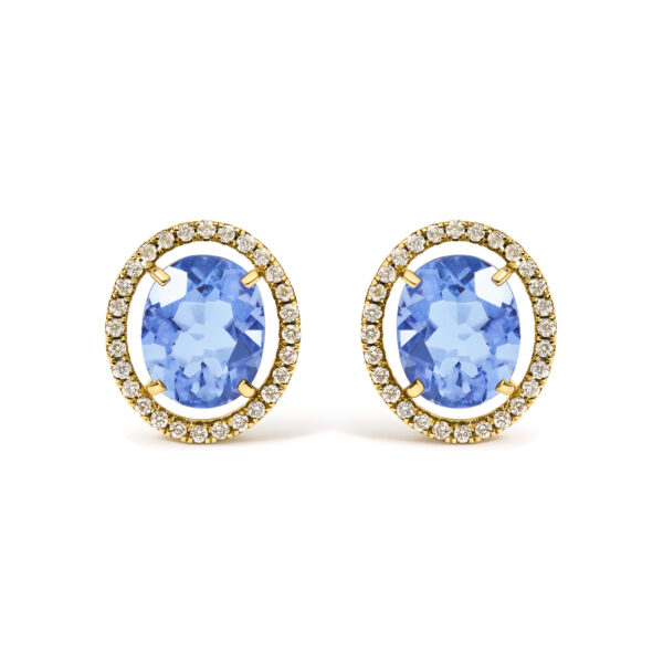 Pair of yellow gold oval stud earrings with blue fluorite centers surrounded by a diamond halo