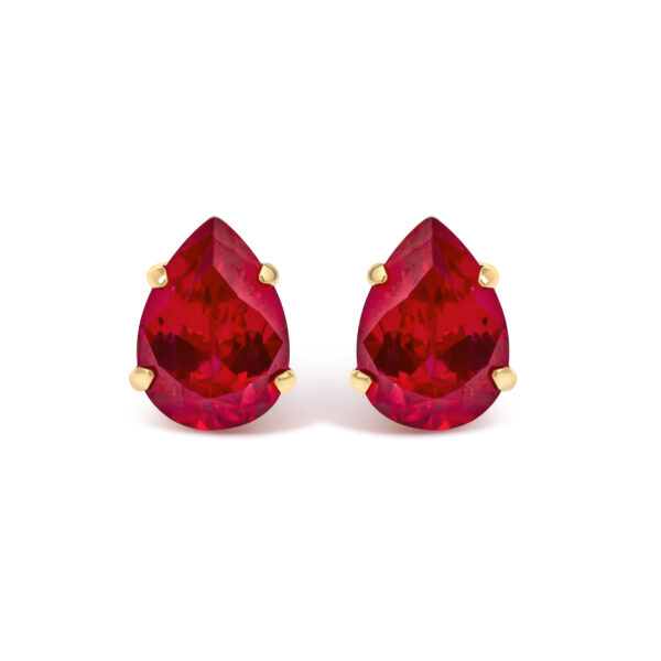 Pair of 18K yellow gold stud earrings with pear-shaped red ruby stones facing forward