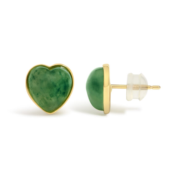 Side angle of the jade heart stud earrings showing the dome of the cabochon stone