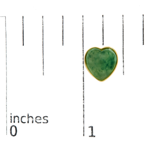Jade heart stud earrings shown next to a scale reference for size comparison