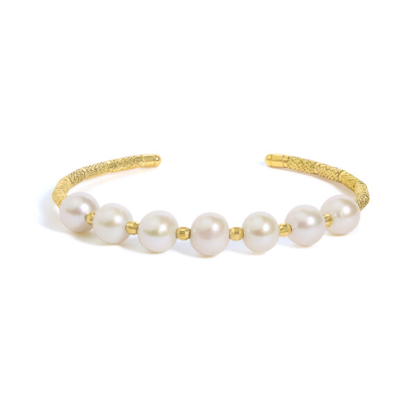 18K yellow gold cuff bangle bracelet set with freshwater cultured pearls, shown from the front