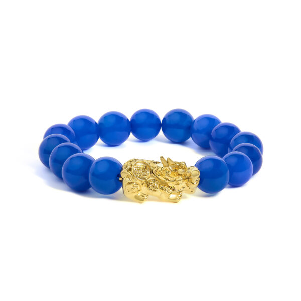 Bracelet made of round blue agate beads strung together with a gold dragon charm at center