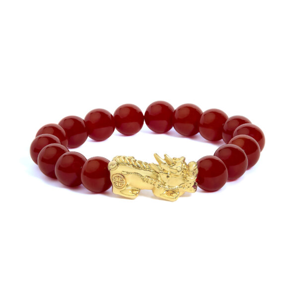 Beaded bracelet with round red agate beads and a gold dragon charm at center