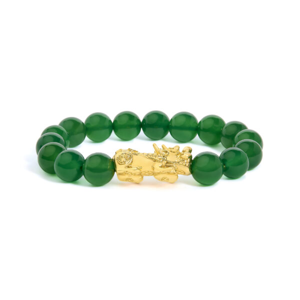 Green agate beaded bracelet with an 18K yellow gold dragon charm at center, laid flat