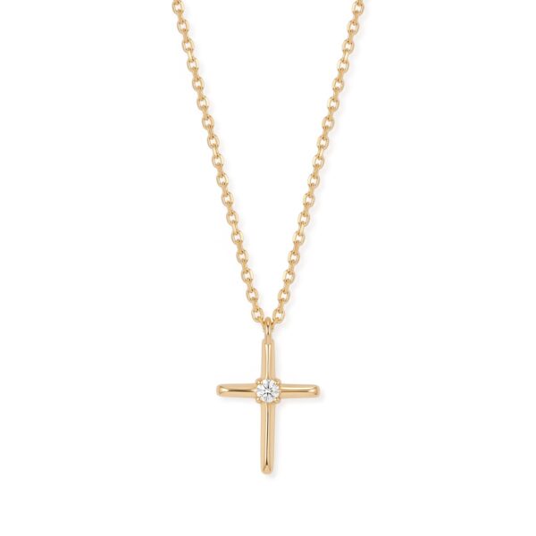 15 mm x 10 mm cross necklace in 14K gold plated over .925 sterling silver with a 2 mm lab grown diamond.