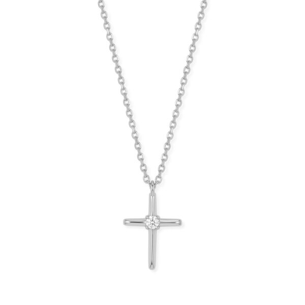 Rhodium plated over .925 sterling silver cross pendant with a 2 mm lab grown diamond on a 16 inch chain with a 2 inch extender.