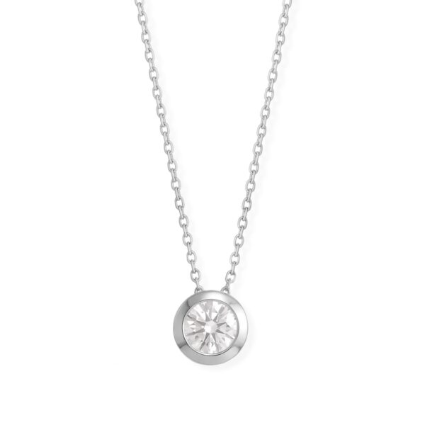 Floating slide necklace in rhodium plated over .925 sterling silver with a 6 mm lab grown diamond and 0.8 ct total carat weight.