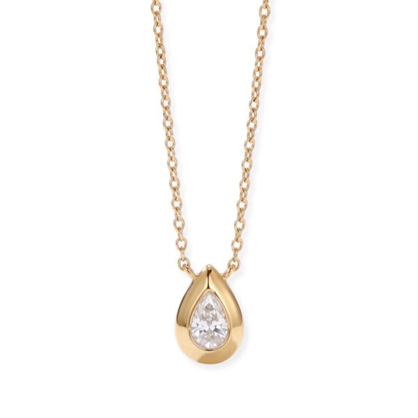 Pear-shaped lab grown diamond pendant on a 14K gold plated chain against a plain background