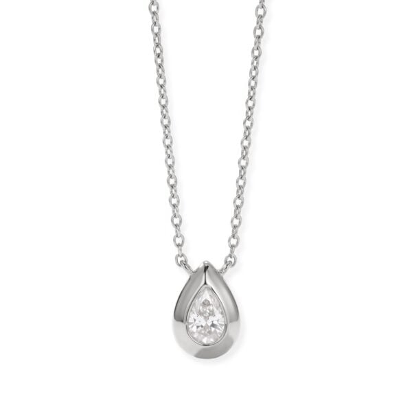 Pear lab grown diamond necklace in rhodium plated over .925 sterling silver.