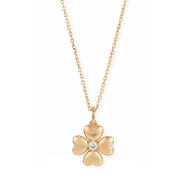 Lucky clover pendant necklace in 14K gold plated over .925 sterling silver with a 2.5 mm lab grown diamond.