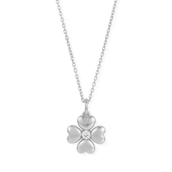 Lucky clover pendant necklace in rhodium plated over .925 sterling silver with a 2.5 mm lab grown diamond.