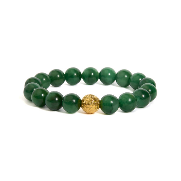 Strand of round green aventurine cabochon beads with an 18K yellow gold bead on a charm bracelet