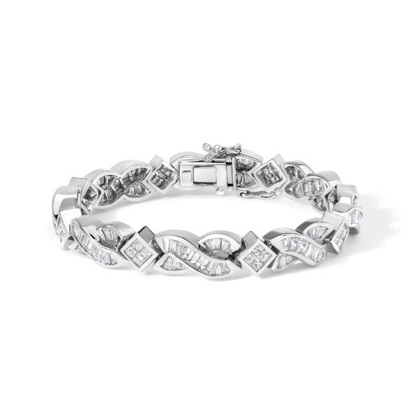 Diamond geometric twisted link bracelet in 14K white gold with a rhodium finish, laid flat to show the full link pattern