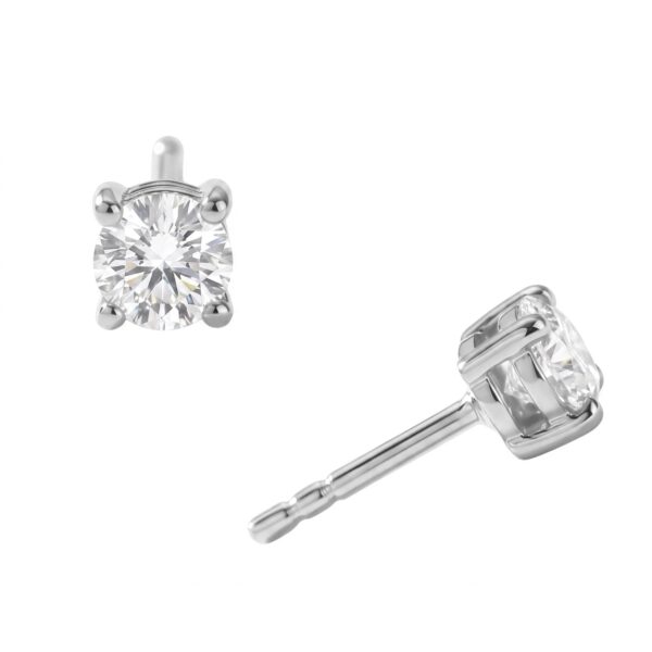 Pair of solitaire stud earrings with 4 mm lab grown diamond details in rhodium plated over .925 sterling silver.