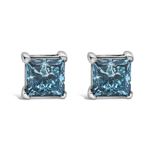 Pair of princess-cut blue diamond stud earrings in white gold with screw-on backs, shown on a plain background