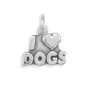 Oxidized 925 sterling silver heart charm with an I Love Dogs design