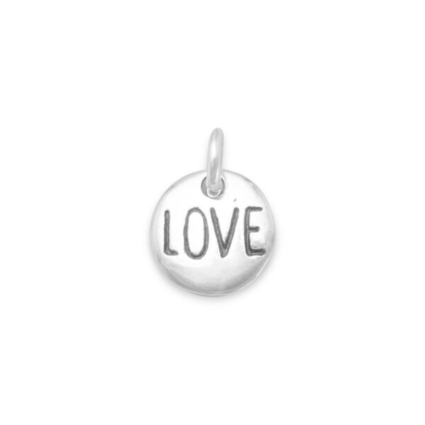 Round love charm in 925 sterling silver with an oxidized finish.