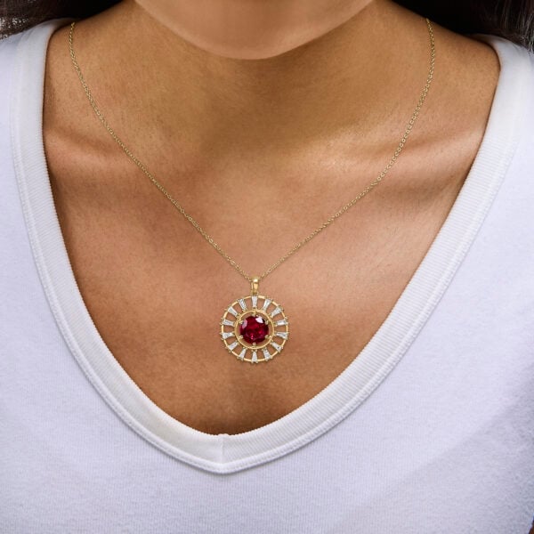 Pendant and chain worn on a neck, showing how the medallion sits at the collarbone