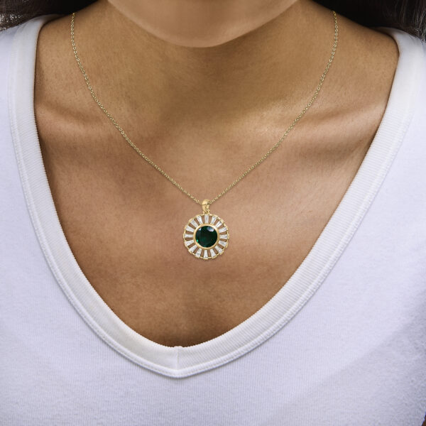 Pendant necklace worn on a model, resting at the neckline