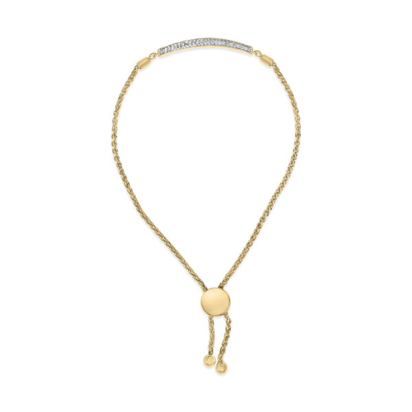 24K gold vermeil (plated) bar bracelet with pave-set round diamonds and an adjustable bolo slider on a plain background
