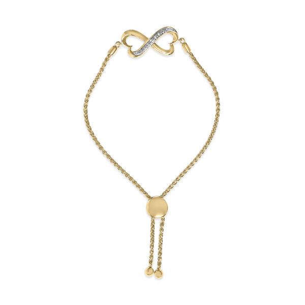 24K gold plated sterling silver bolo bracelet with an interlocking heart infinity design set with pave diamonds