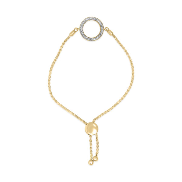 24K gold plated circle bolo bracelet with pave diamonds laid flat against a plain background