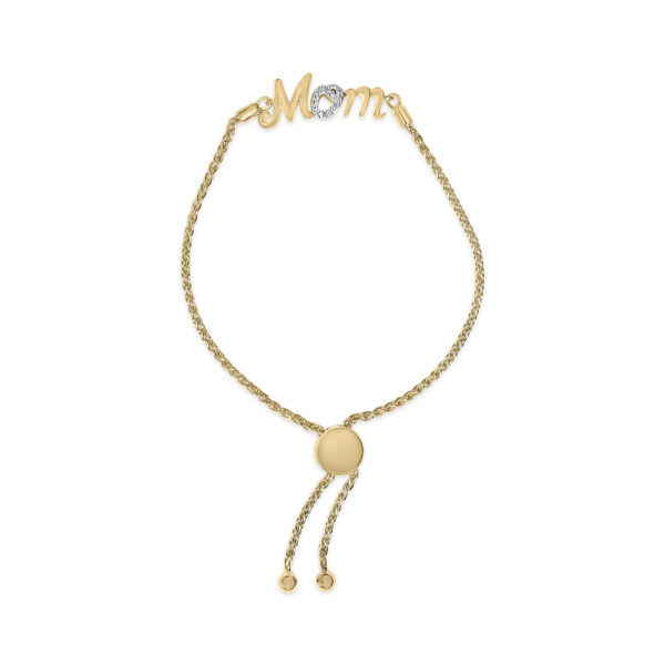 MOM lariat bolo bracelet in 24K gold vermeil with pave-set diamonds along the script lettering