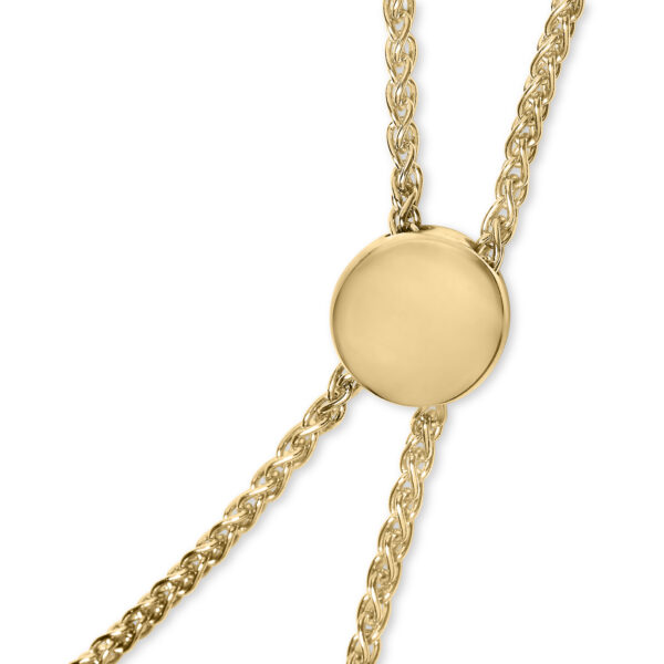 MOM lariat bolo bracelet shown from an angle highlighting the 24K gold vermeil finish