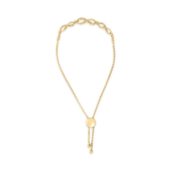 24K gold plated sterling silver bolo bracelet with pave diamond infinity links laid flat