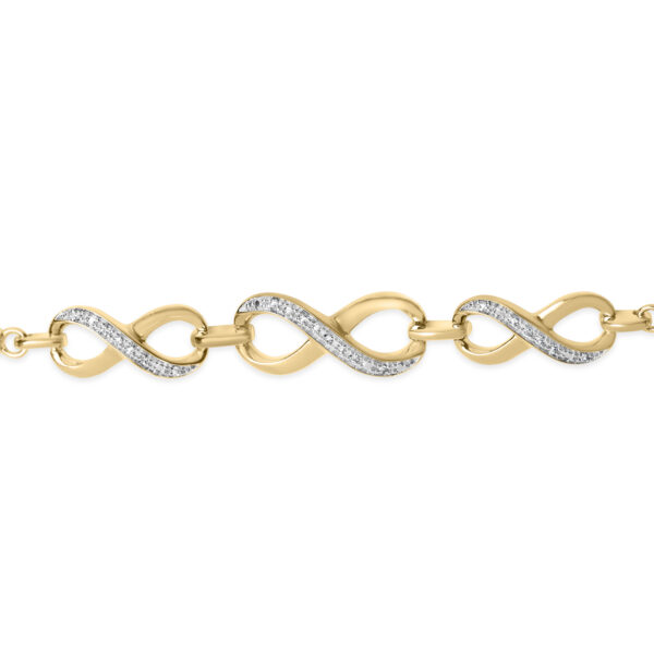Close view of pave-set diamonds within one infinity link on the bracelet