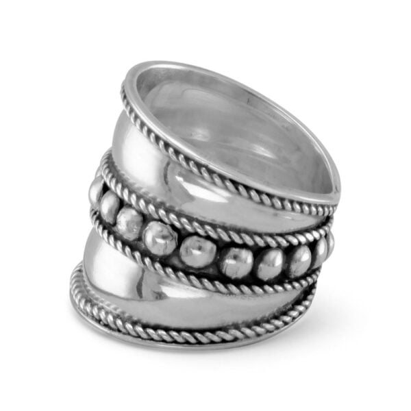 Sterling silver Bali ring with flat beads at the center and rope edging.