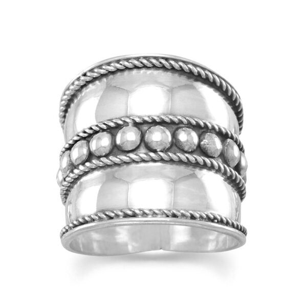 925 sterling silver ring with flat center beads and rope edging.