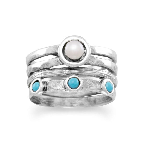 925 sterling silver ring with cultured freshwater pearl, turquoise, and an oxidized finish.