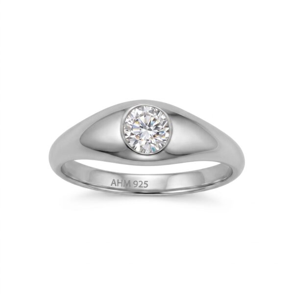Rhodium plated ring with a lab grown diamond.