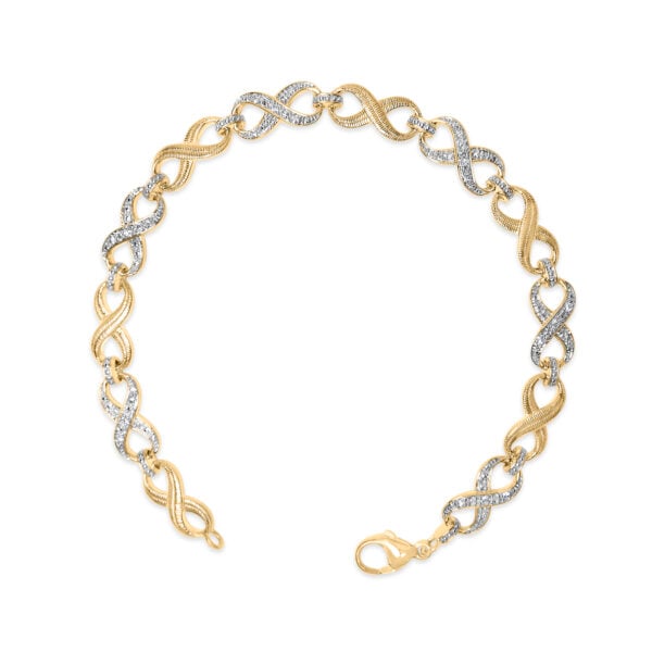 Infinity link bracelet with a lobster claw clasp and 24K yellow gold vermeil over .925 sterling silver.