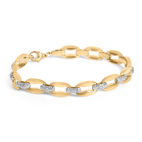 24K yellow gold vermeil over .925 sterling silver bold link bracelet with 24 round/single natural diamonds in a pave setting.