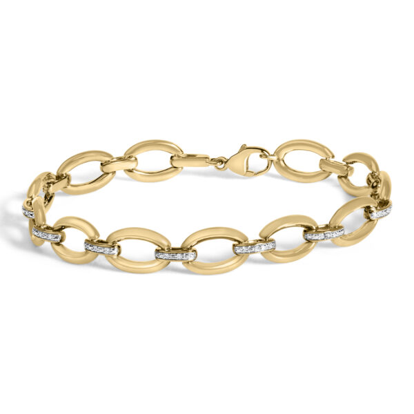 Bold oval link bracelet in 24K gold plated sterling silver, laid out to show the full 7.25 inch length and pave-set diamonds