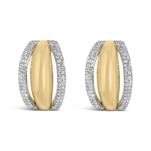 Yellow-toned half hoop earring with a row of small round diamonds set along the curved front edge