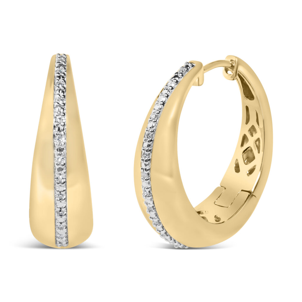 Bold hoop earring in 24K yellow gold vermeil with a row of prong-set round diamonds along the front