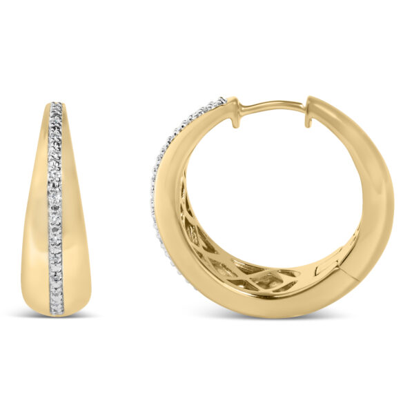 Close-up of the prong-set round diamonds on the 24K gold vermeil hoop earring