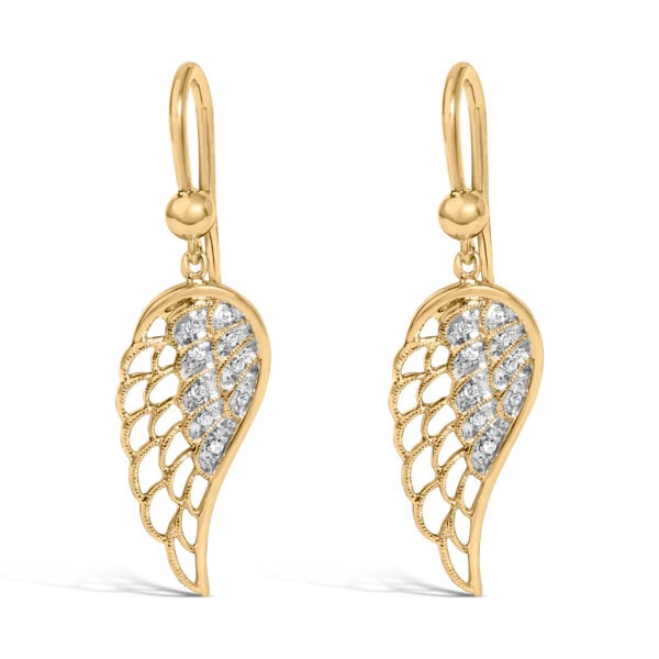 Angel wing drop earring in 24K gold vermeil with pave-set round diamonds along the wing shape