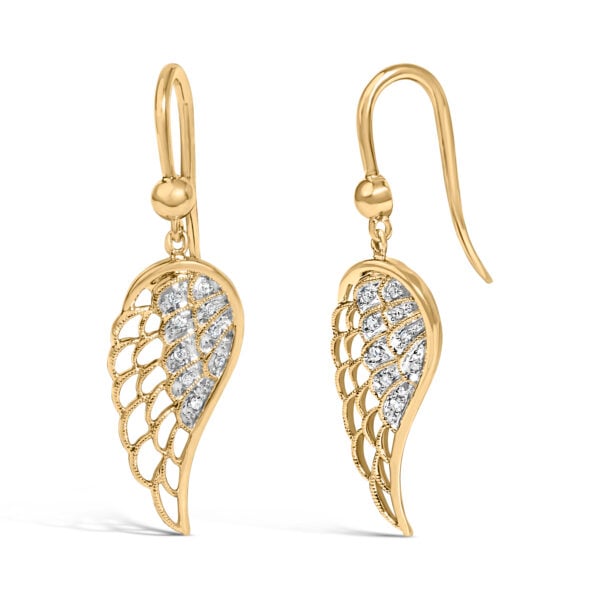 Side angle of the 24K gold vermeil angel wing earring showing the french wire hook closure