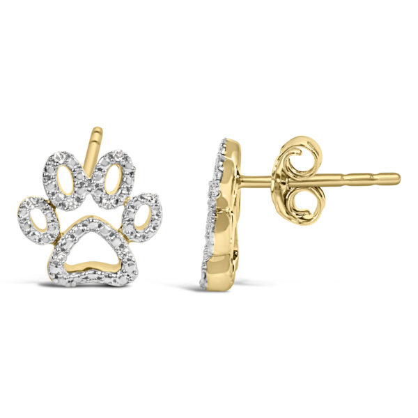 Close-up of round diamond accents set in a paw-shaped 24K gold vermeil earring