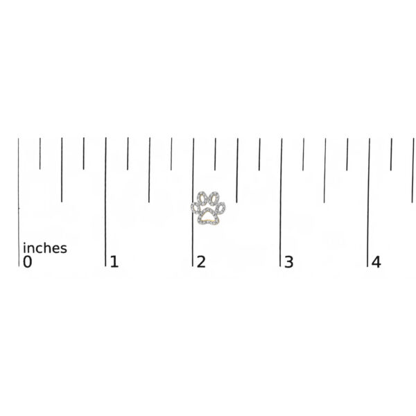 Paw stud earring shown next to a scale reference for size