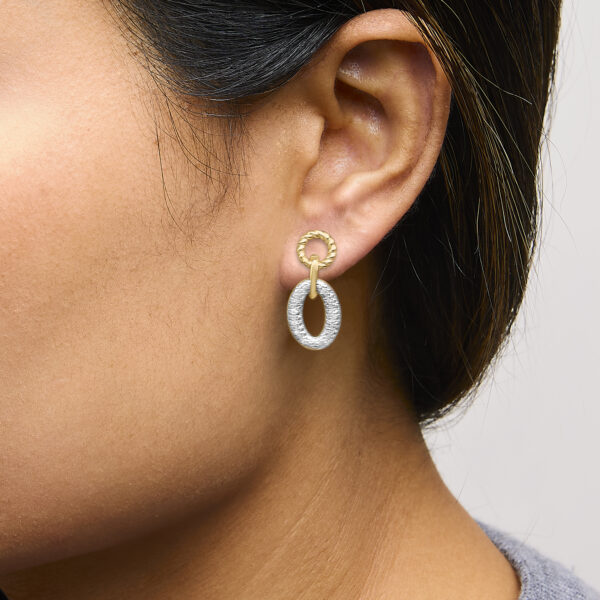Earring shown worn in an ear to show placement and drop of the oval link