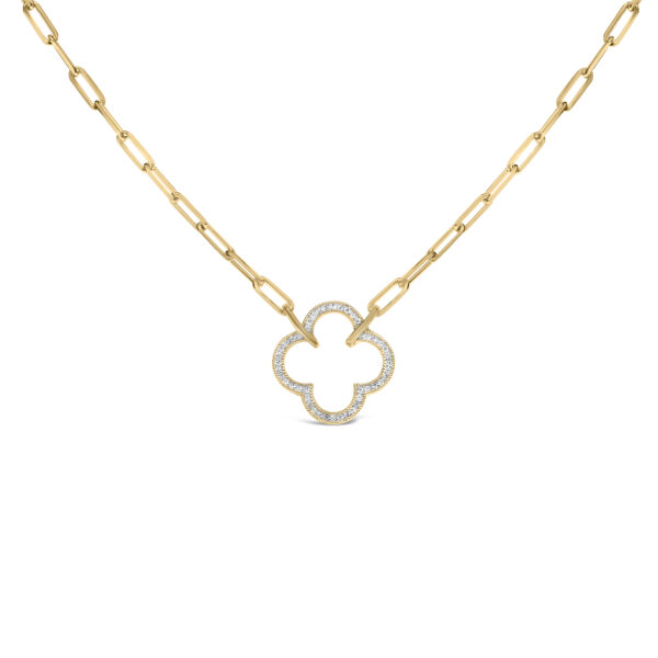 24K gold vermeil (gold plated over sterling silver) clover pendant with pavé diamonds on a paperclip chain, laid flat