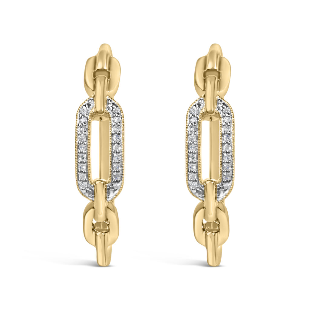 Front view of a 24K gold-plated vermeil paperclip hoop earring set with pave diamonds